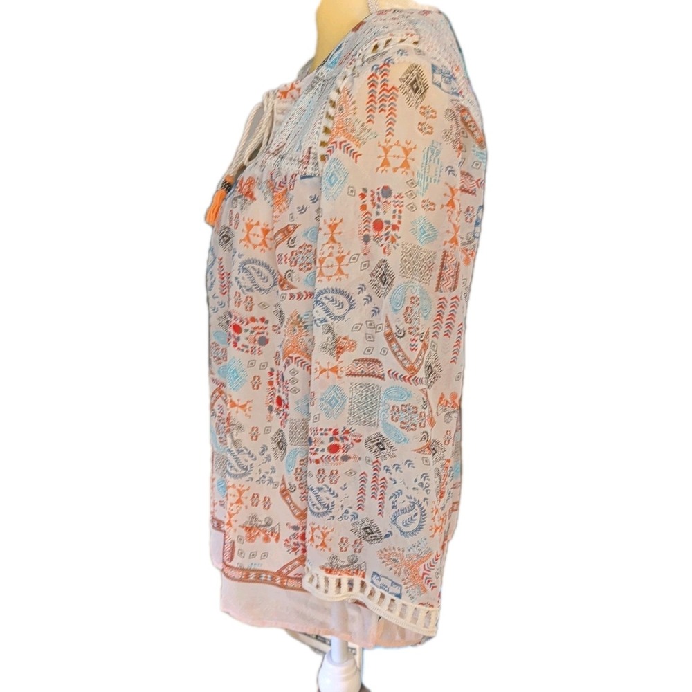 Pale Sky Women's Top Size L 3/4 Sleeve Beige With Rust & Light Blue Print - Picture 2 of 5